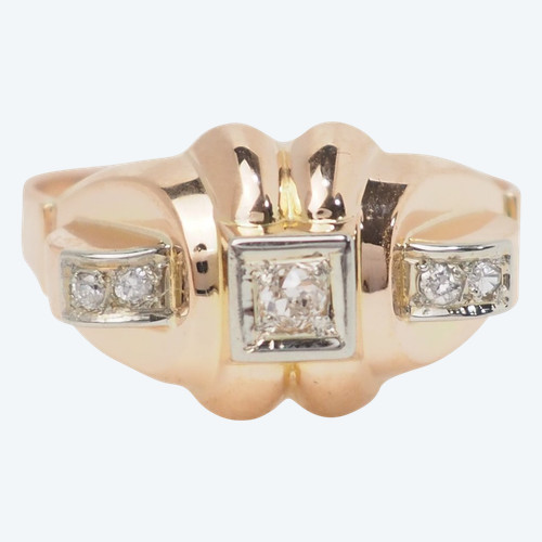 Anello Tank In Oro Rosa E Bianco, Diamanti