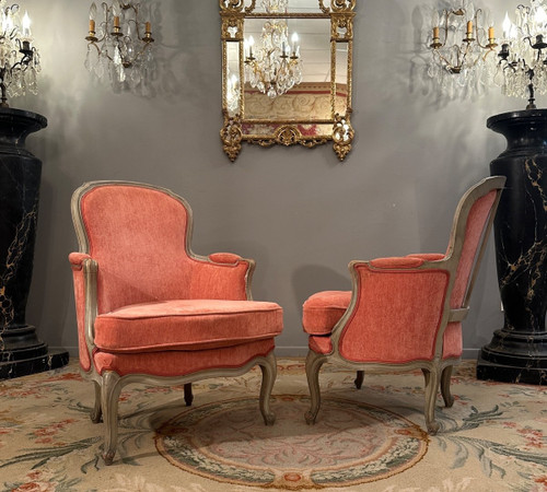 Paire De Bergères En Bois Laqué De Style Louis XV Epoque XIXème