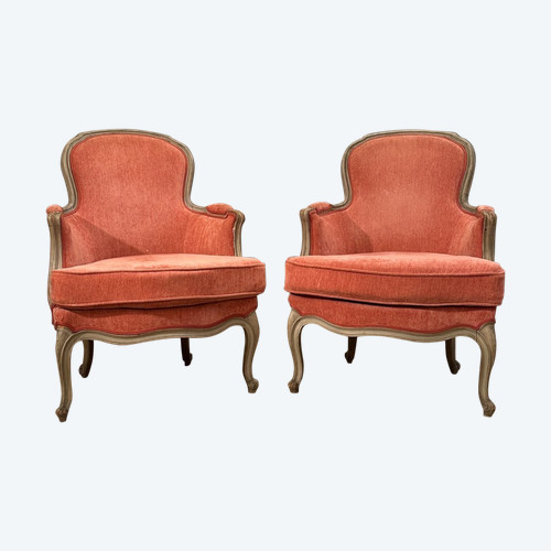 Paire De Bergères En Bois Laqué De Style Louis XV Epoque XIXème