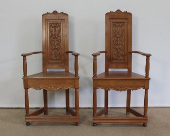  Paire de Fauteuils dits 'Caquetoires' en Chêne Blond, style Renaissance - Fin XIXe 