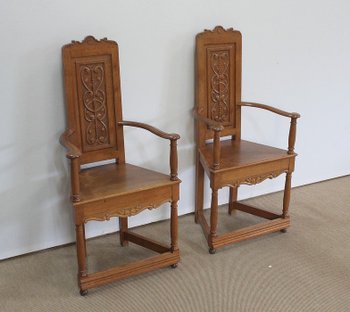  Paire de Fauteuils dits 'Caquetoires' en Chêne Blond, style Renaissance - Fin XIXe 
