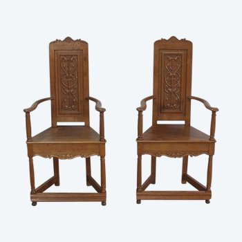  Paire de Fauteuils dits 'Caquetoires' en Chêne Blond, style Renaissance - Fin XIXe 