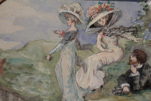 Acquerello "les élégantes En Bord De Mer" Fine XIX, inizio XX secolo