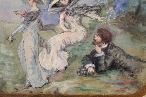 Acquerello "les élégantes En Bord De Mer" Fine XIX, inizio XX secolo
