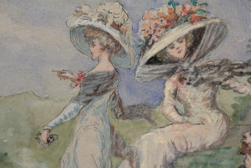 Acquerello "les élégantes En Bord De Mer" Fine XIX, inizio XX secolo