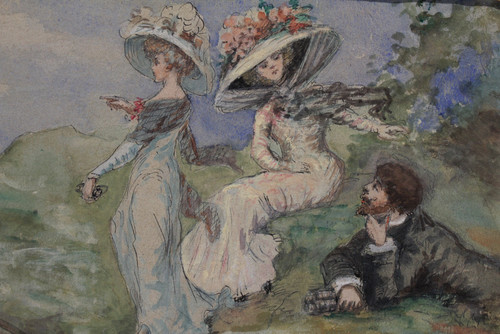 Acquerello "les élégantes En Bord De Mer" Fine XIX, inizio XX secolo