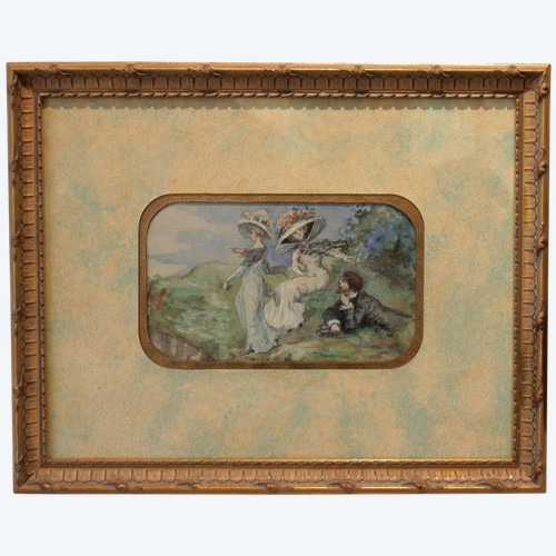 Acquerello "les élégantes En Bord De Mer" Fine XIX, inizio XX secolo