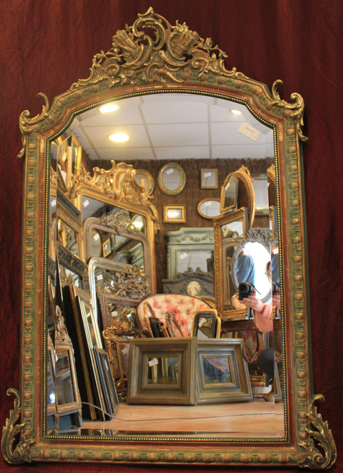 112 X 155 Cm, Miroir Ancien De Cheminée Style Louis XV, Feuille d'Or Et Patine, Glace Biseautée