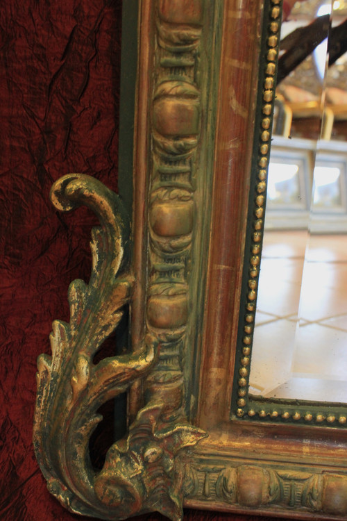 112 X 155 Cm, Miroir Ancien De Cheminée Style Louis XV, Feuille d'Or Et Patine, Glace Biseautée
