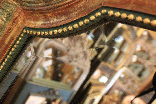 112 X 155 Cm, Miroir Ancien De Cheminée Style Louis XV, Feuille d'Or Et Patine, Glace Biseautée