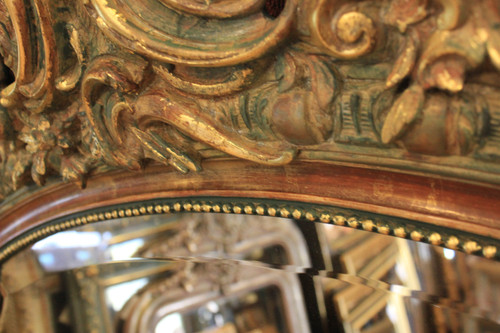 112 X 155 Cm, Miroir Ancien De Cheminée Style Louis XV, Feuille d'Or Et Patine, Glace Biseautée