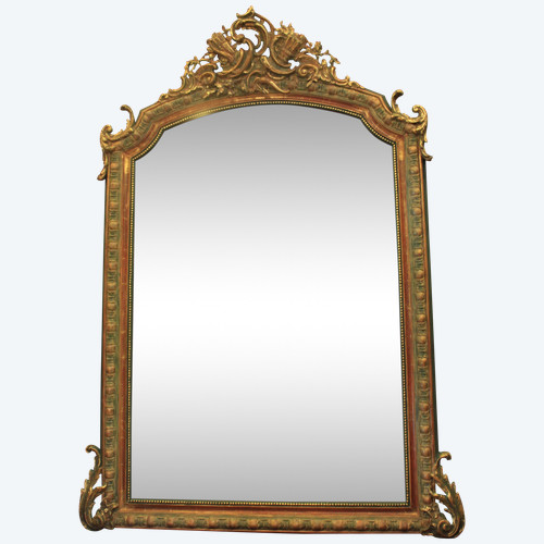 112 X 155 Cm, Miroir Ancien De Cheminée Style Louis XV, Feuille d'Or Et Patine, Glace Biseautée