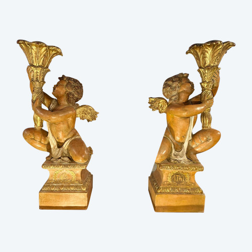 Importante Paire D’anges Porte-torchère En Céramique – Fin XIXe