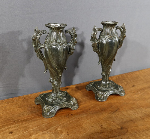 Paire de Soliflores en Régule, Art Nouveau- Fin XIXe