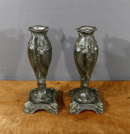 Paire de Soliflores en Régule, Art Nouveau- Fin XIXe
