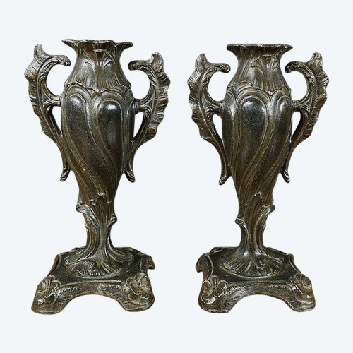 Paire de Soliflores en Régule, Art Nouveau- Fin XIXe