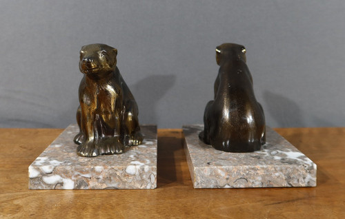 Paire de Serre-Livres « Ours » en Métal Doré – 1920