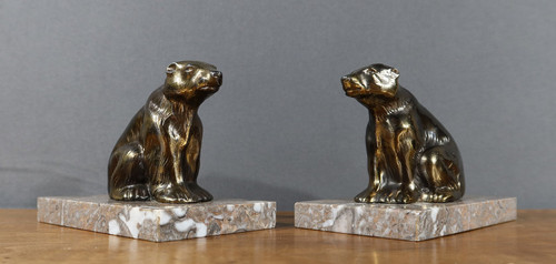 Paire de Serre-Livres « Ours » en Métal Doré – 1920