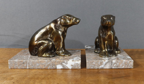 Paire de Serre-Livres « Ours » en Métal Doré – 1920