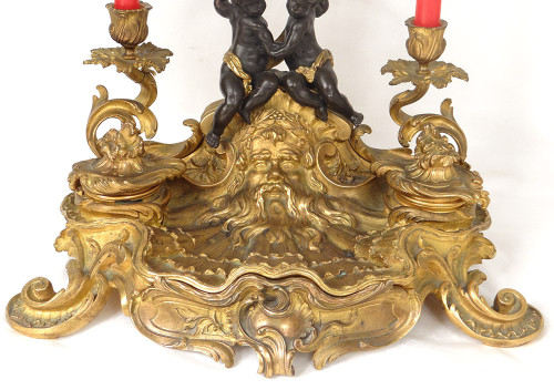 Inkwell Louis XV rocaille bronze candlesticks cherubs character 41cm 18th century
