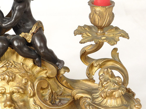 Inkwell Louis XV rocaille bronze candlesticks cherubs character 41cm 18th century
