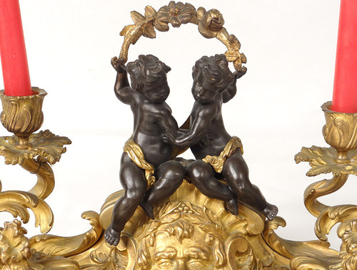 Inkwell Louis XV rocaille bronze candlesticks cherubs character 41cm 18th century