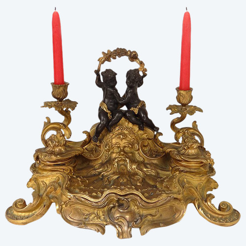 Inkwell Louis XV rocaille bronze candlesticks cherubs character 41cm 18th century