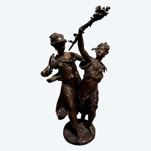 "Zwei Musikerinnen", Bronze mit Medaillenpatina, signiert DUMAIGE, um 1880