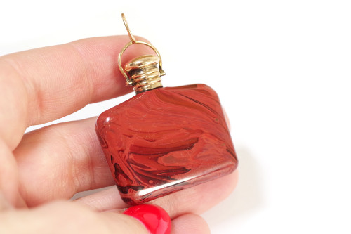 Glass perfume bottle pendant in 18k gold, Antique glass pendant, imitation red jasper