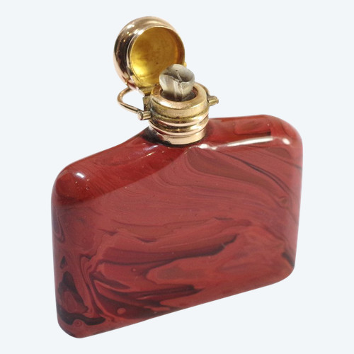 Glass perfume bottle pendant in 18k gold, Antique glass pendant, imitation red jasper