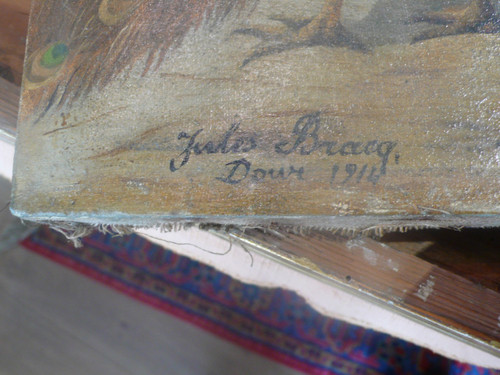 Tableau représentant un paon, un coq et un dindon signé Jules Bracq.