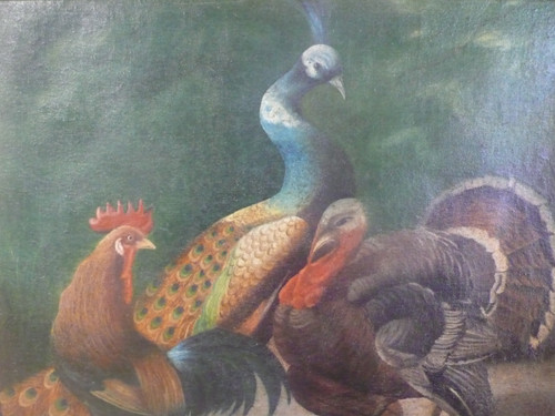 Tableau représentant un paon, un coq et un dindon signé Jules Bracq.