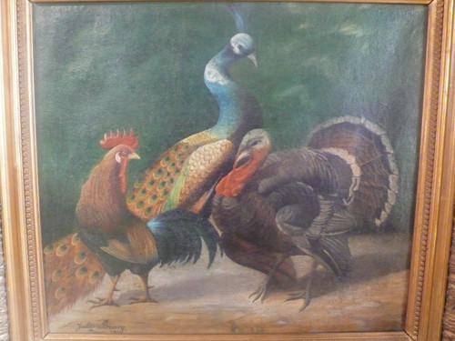 Tableau représentant un paon, un coq et un dindon signé Jules Bracq.