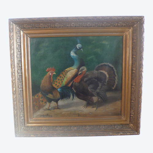 Tableau représentant un paon, un coq et un dindon signé Jules Bracq.