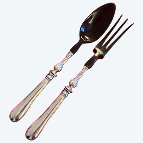 Elégante paire de couverts  à salade en métal argenté et ébène noir d'époque fin XIXème, Christofle