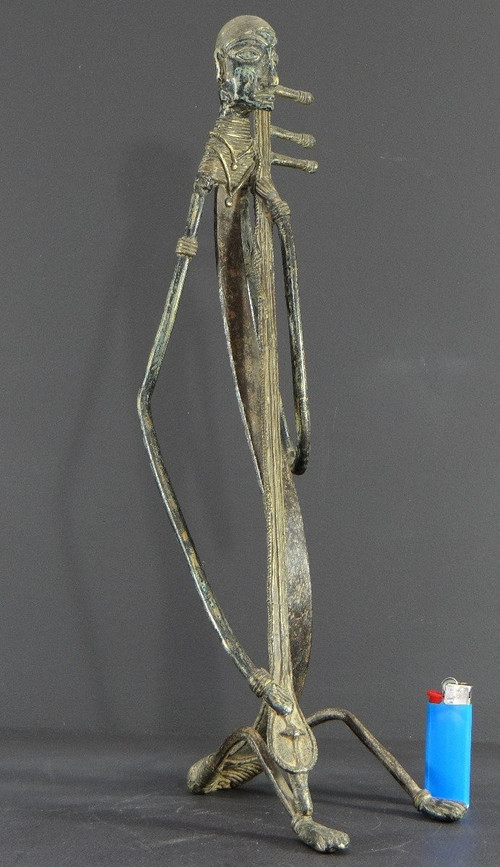 India, Early 20th Century, Rare And Large Bronze Tribal Statue, Saranghi Player.