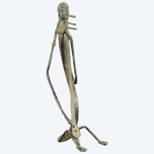 India, Early 20th Century, Rare And Large Bronze Tribal Statue, Saranghi Player.