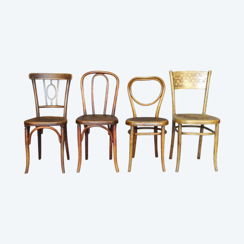Set de 4 chaises bistrot dépareillées, 1905 à 1935 , Thonet, Baumann, Fischel