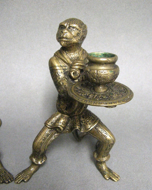 Pair Of Bronze Candlesticks Animal Subjects Learned Monkeys.
