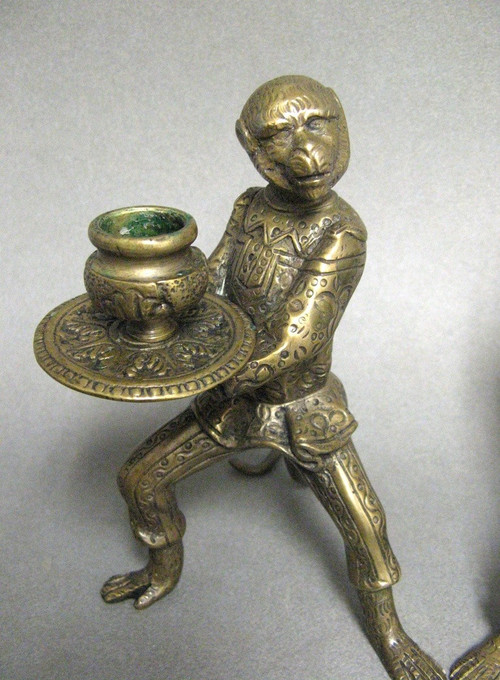 Pair Of Bronze Candlesticks Animal Subjects Learned Monkeys.