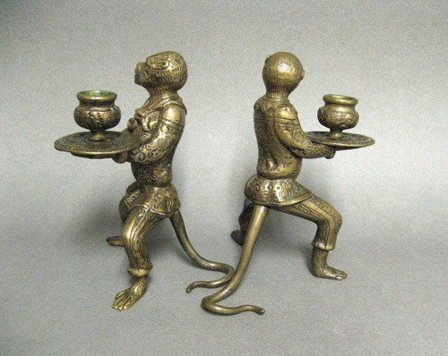 Pair Of Bronze Candlesticks Animal Subjects Learned Monkeys.