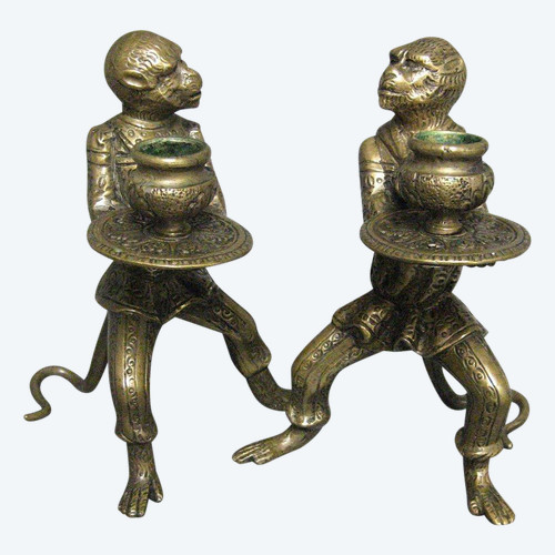 Pair Of Bronze Candlesticks Animal Subjects Learned Monkeys.