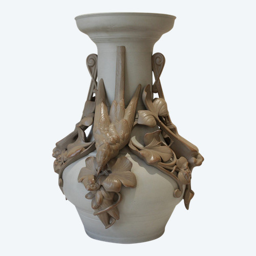 Vaso in gres con rondini e maschere, ceramica di Sarreguemines, fine XIX secolo
