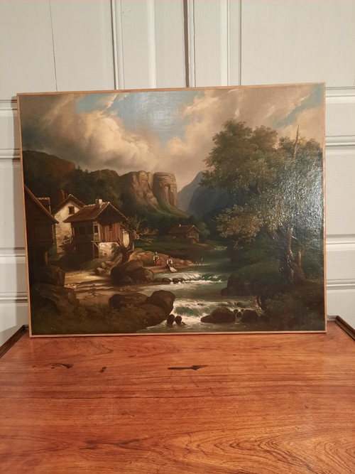 Tableau représentant un paysage et deux lavandières, signé A.Henri, d’époque XIXème siècle.
