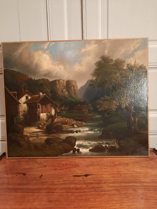 Tableau représentant un paysage et deux lavandières, signé A.Henri, d’époque XIXème siècle.