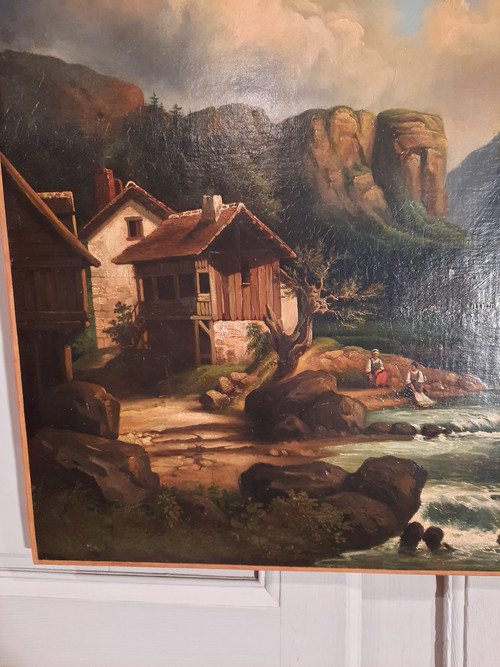 Tableau représentant un paysage et deux lavandières, signé A.Henri, d’époque XIXème siècle.