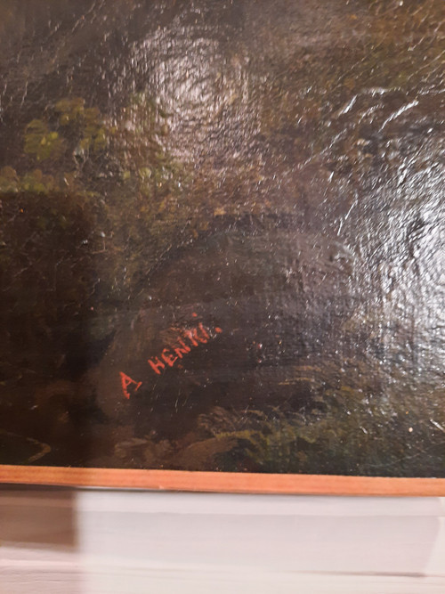 Tableau représentant un paysage et deux lavandières, signé A.Henri, d’époque XIXème siècle.