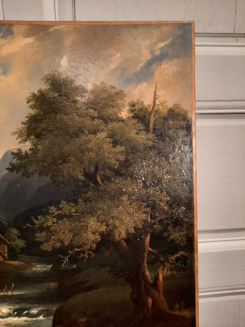 Tableau représentant un paysage et deux lavandières, signé A.Henri, d’époque XIXème siècle.