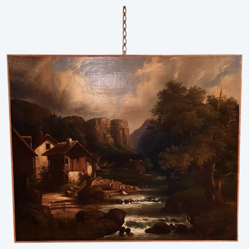 Tableau représentant un paysage et deux lavandières, signé A.Henri, d’époque XIXème siècle.