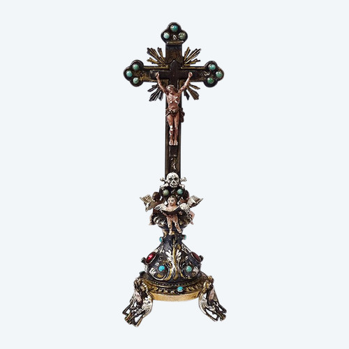 Piccolo Crocifisso Austria Vienna Argento smaltato Cristo turchese XIX secolo